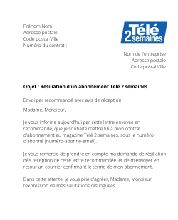 la lettre pour resilier un abonnement tele 2 semaines