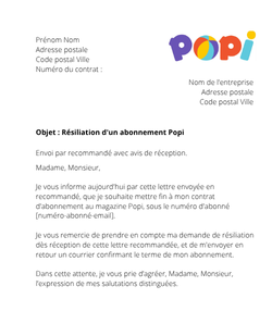 la lettre pour resilier un abonnement popi