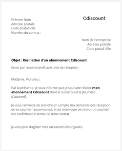 La lettre de résiliation d'un abonnement Cdiscount