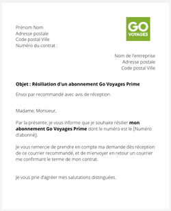 La lettre de résiliation d'un abonnement Go Voyages Prime