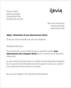 La lettre de résiliation d'un abonnement de transport Ilévia