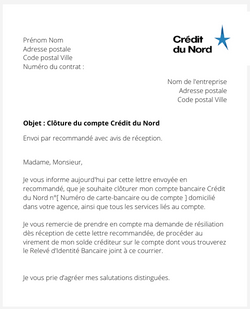 La lettre de résiliation et clôture au Crédit du Nord