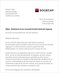 La lettre de résiliation de la mutuelle Sogecap santé