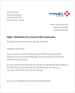 La lettre de résiliation d'un abonnement de Télépéage Vinci