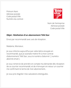 La lettre de résiliation d'un abonnement Télé Star