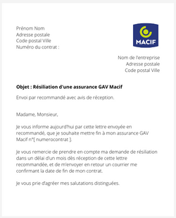 La lettre de résiliation du contrat GAV Macif
