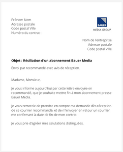 La lettre de résiliation d'un abonnement Bauer Media