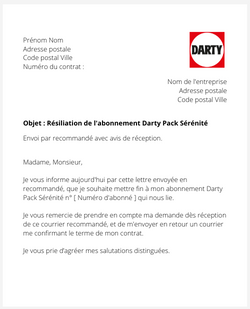 La lettre de résiliation d'un abonnement à Darty Pack Sérénité