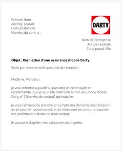 La lettre de résiliation d'une assurance mobile Darty