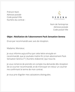 La lettre de résiliation d'un abonnement au Pack Sensation Serena