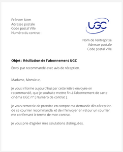 La lettre de résiliation d'un abonnement de carte cinéma UGC