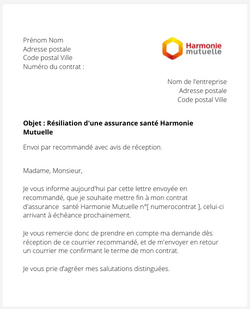 La lettre de résiliation d'une assurance santé Harmonie Mutuelle