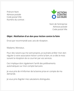 La lettre d'annulation de don à Action contre la Faim