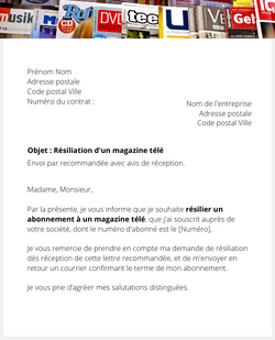 La lettre de résiliation d'un abonnement à un magazine TV