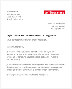 La lettre de résiliation d'un abonnement au Télégramme