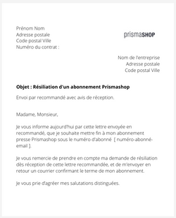 La lettre de résiliation d'un abonnement Prisma Presse