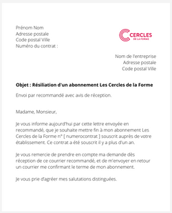 La lettre de résiliation d'un abonnement Les Cercles de la Forme