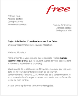 La lettre de resiliation d'une box Delta Free et du player Devialet
