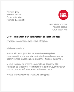 La lettre de résiliation d'un abonnement Neoness