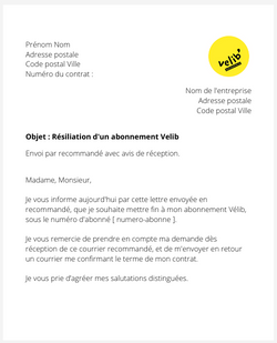 la lettre pour resilier un abonnement velib