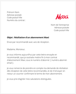 La lettre de résiliation d'un abonnement à Maxi