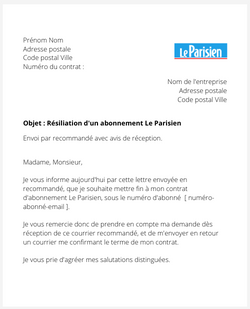 La lettre de résiliation d'un abonnement Le Parisien et Aujourd'hui en France