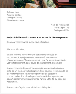 La lettre de résiliation d'une assurance auto en cas de déménagement