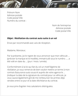 La lettre de résiliation d'un contrat auto suite à un vol