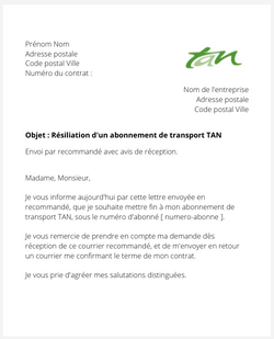La lettre de résiliation d'un abonnement de transport Tan
