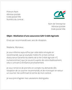 La lettre de résiliation d'une assurance GAV du Crédit Agricole