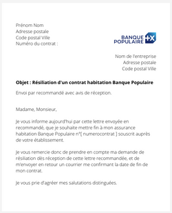 La lettre de résiliation d'une assurance logement Banque Populaire