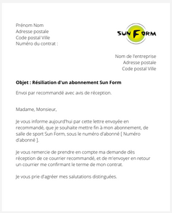 La lettre de résiliation d'un abonnement à Sun Form