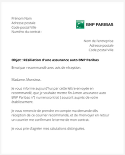 La lettre de résiliation d'une assurance BNP Paribas