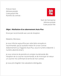 la lettre pour resilier un abonnement autoplus