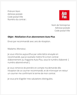 La lettre de résiliation d'un abonnement à AutoPlus