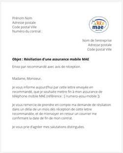 La lettre de résiliation d'une assurance mobile MAE
