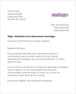 La lettre de résiliation d'un abonnement à Avantages