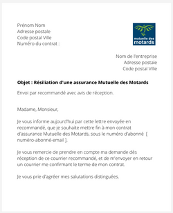 La lettre de résiliation de La Mutuelle des Motards