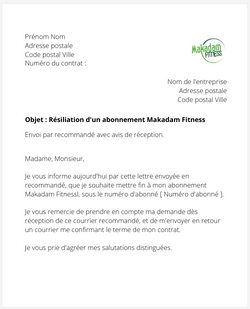 la lettre pour resilier un abonnement makadam fitness