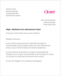 la lettre pour resilier un abonnement closer