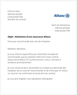 La lettre de résiliation d'un contrat d'assurance Allianz