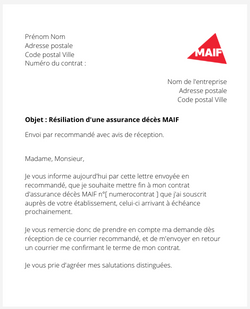 La lettre de résiliation d'un contrat d'assurance décès MAIF