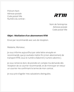 La lettre de résiliation du Pass XL Permanent de RTM Marseille