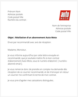 La lettre de résiliation d'un abonnement Auto Moto