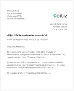 La lettre de résiliation d'un abonnement d'autopartage Citiz
