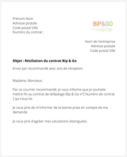 La lettre de résiliation d'un abonnement de télépéage Bip&Go