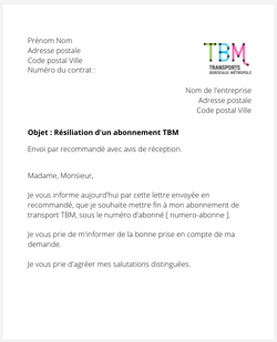 La lettre de résiliation d'un abonnement de transport TBM