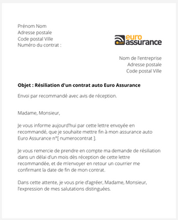 La lettre de résiliation d'une assurance auto Euro-Assurance