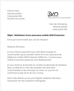 La lettre de résiliation d'une assurance mobile ATM/GSM Protection