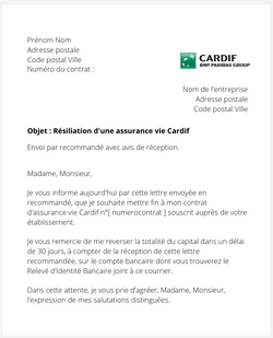 La lettre de résiliation d'une assurance Cardif